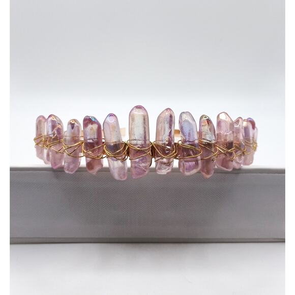 Gold Tone Quartz Crystal Tiara Headband – Electroplated Gemstone Crown - Picture 1 of 5